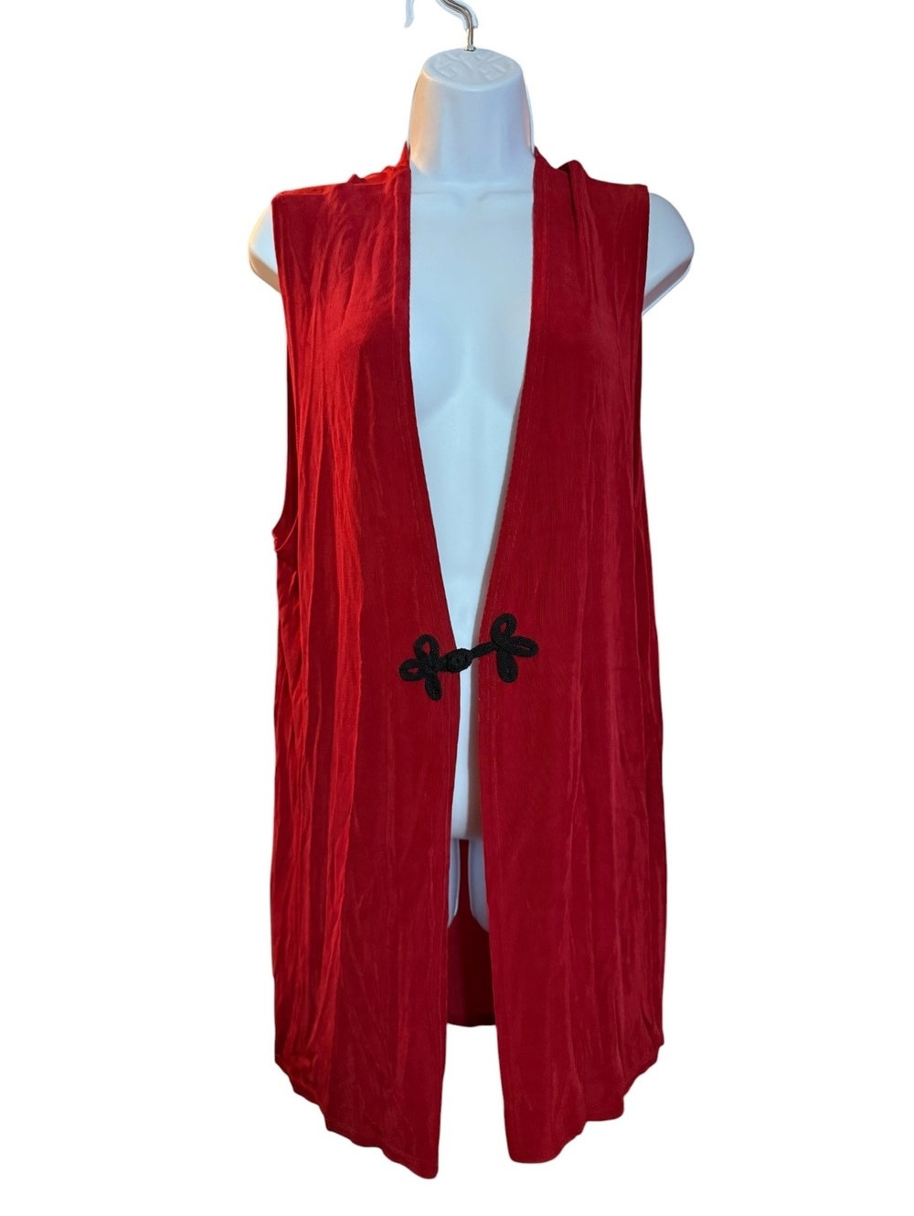 Vintage Must Haves Red Sleeveless Long Vest with Black Frog-Closure